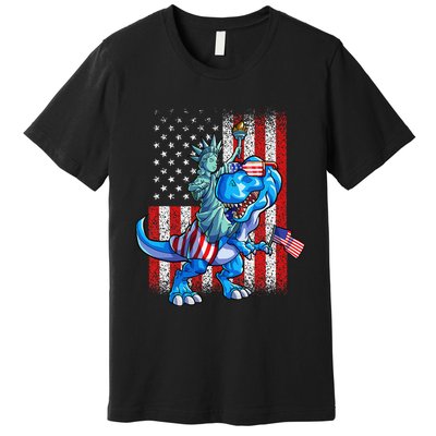 Dino Statue Of Liberty 4th Of July American Flag Premium T-Shirt