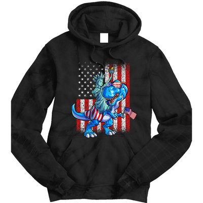 Dino Statue Of Liberty 4th Of July American Flag Tie Dye Hoodie