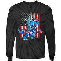 Dino Statue Of Liberty 4th Of July American Flag Tie-Dye Long Sleeve Shirt