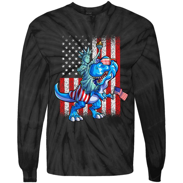 Dino Statue Of Liberty 4th Of July American Flag Tie-Dye Long Sleeve Shirt