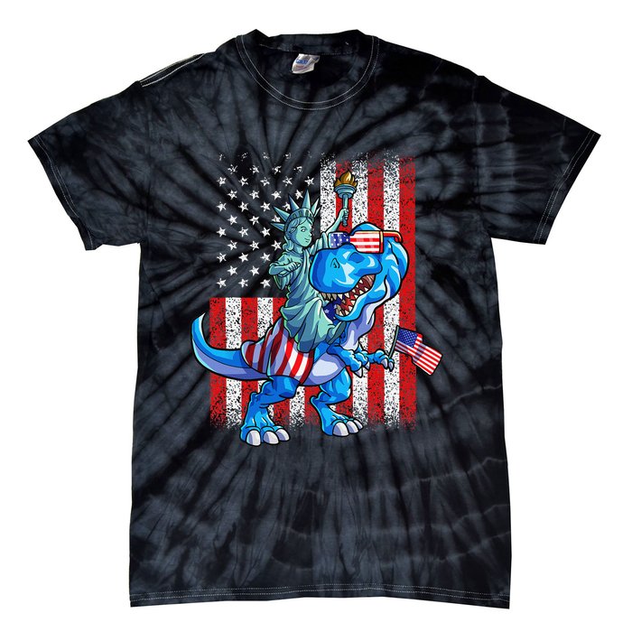 Dino Statue Of Liberty 4th Of July American Flag Tie-Dye T-Shirt