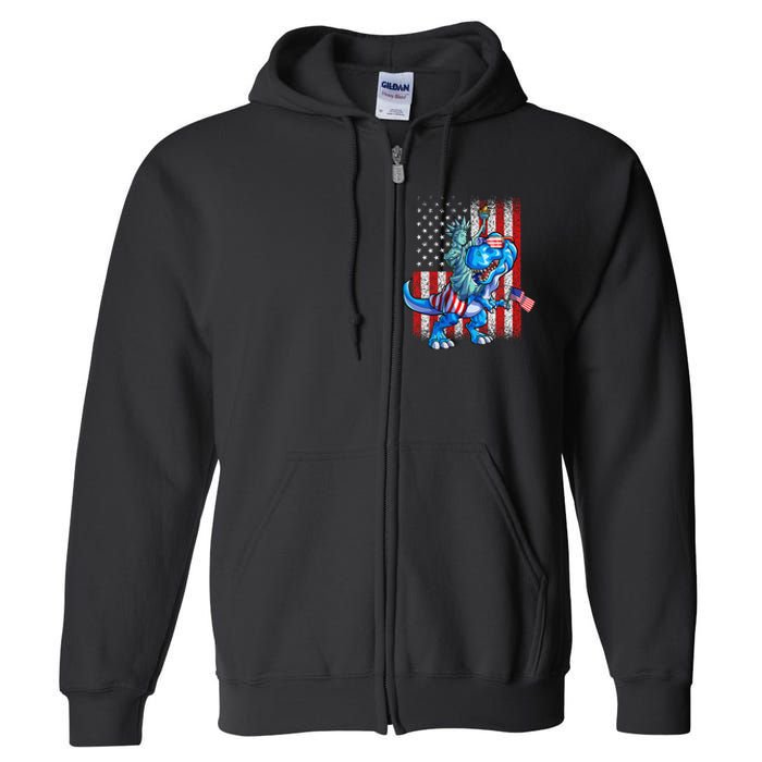 Dino Statue Of Liberty 4th Of July American Flag Full Zip Hoodie