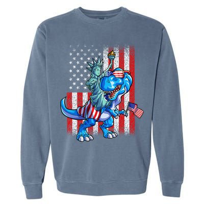 Dino Statue Of Liberty 4th Of July American Flag Garment-Dyed Sweatshirt