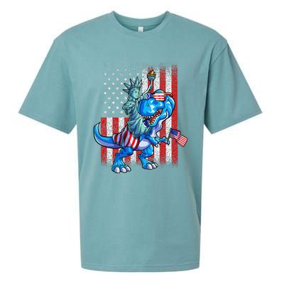 Dino Statue Of Liberty 4th Of July American Flag Sueded Cloud Jersey T-Shirt