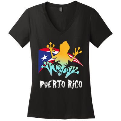 Distressed Style Puerto Rico Frog Gift Design Puerto Rico! Women's V-Neck T-Shirt