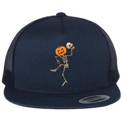 Dancing Skeleton Pumpkin Head Funny Halloween Costume Skull Gift Flat Bill Trucker Hat