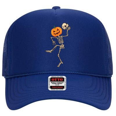 Dancing Skeleton Pumpkin Head Funny Halloween Costume Skull Gift High Crown Mesh Back Trucker Hat