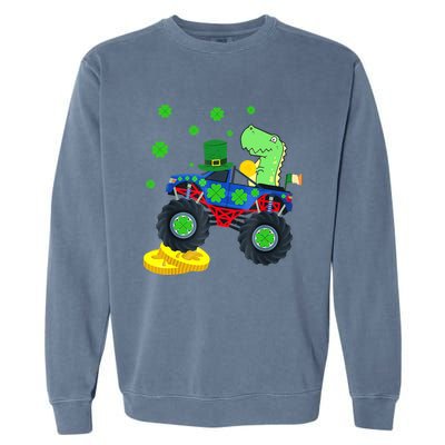 Dinosaur St Patrick's Day Monster Truck Irish Shamrock Boy Garment-Dyed Sweatshirt