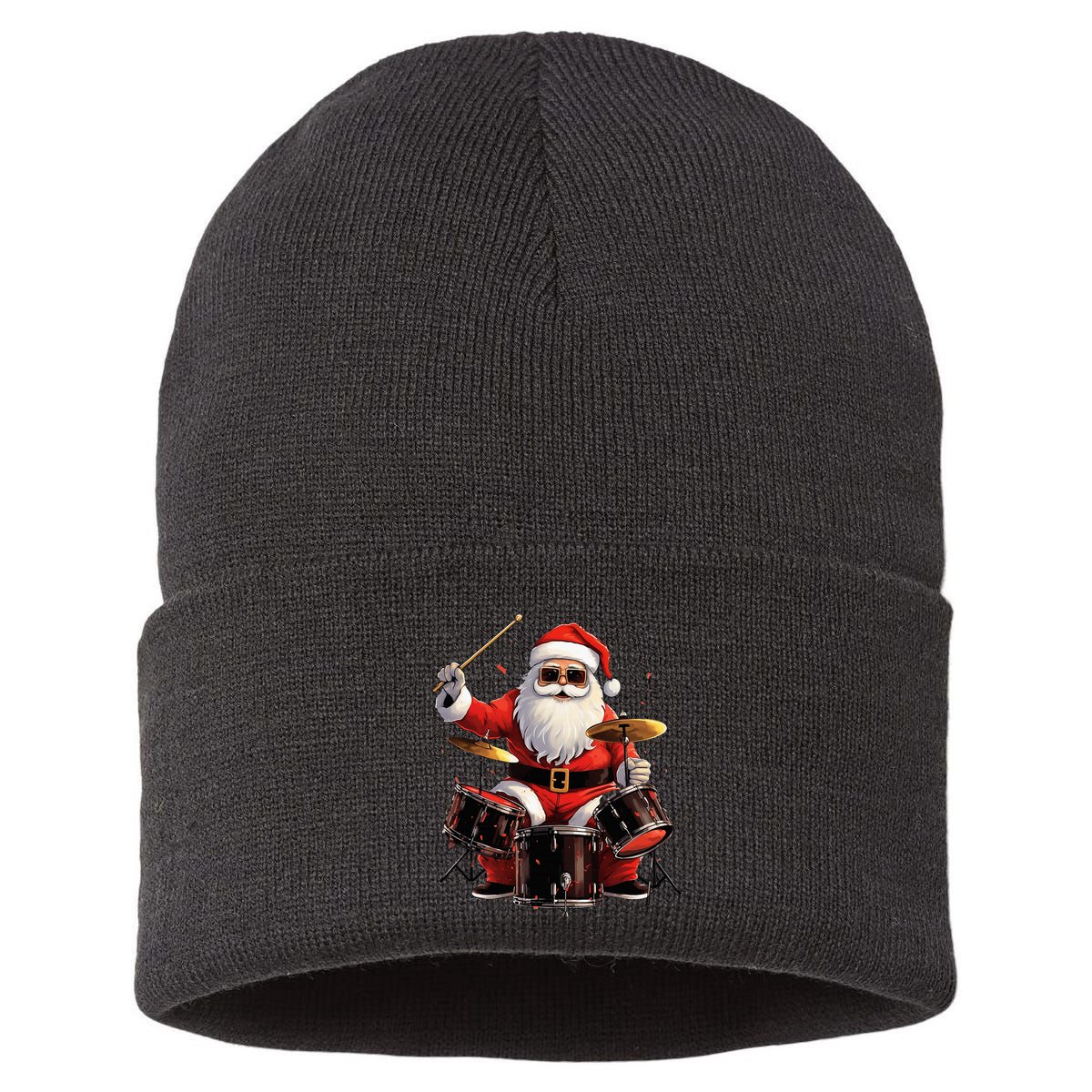 Drummer Santa Playing Drums Funny Christmas Drummer Xmas Sustainable Knit Beanie