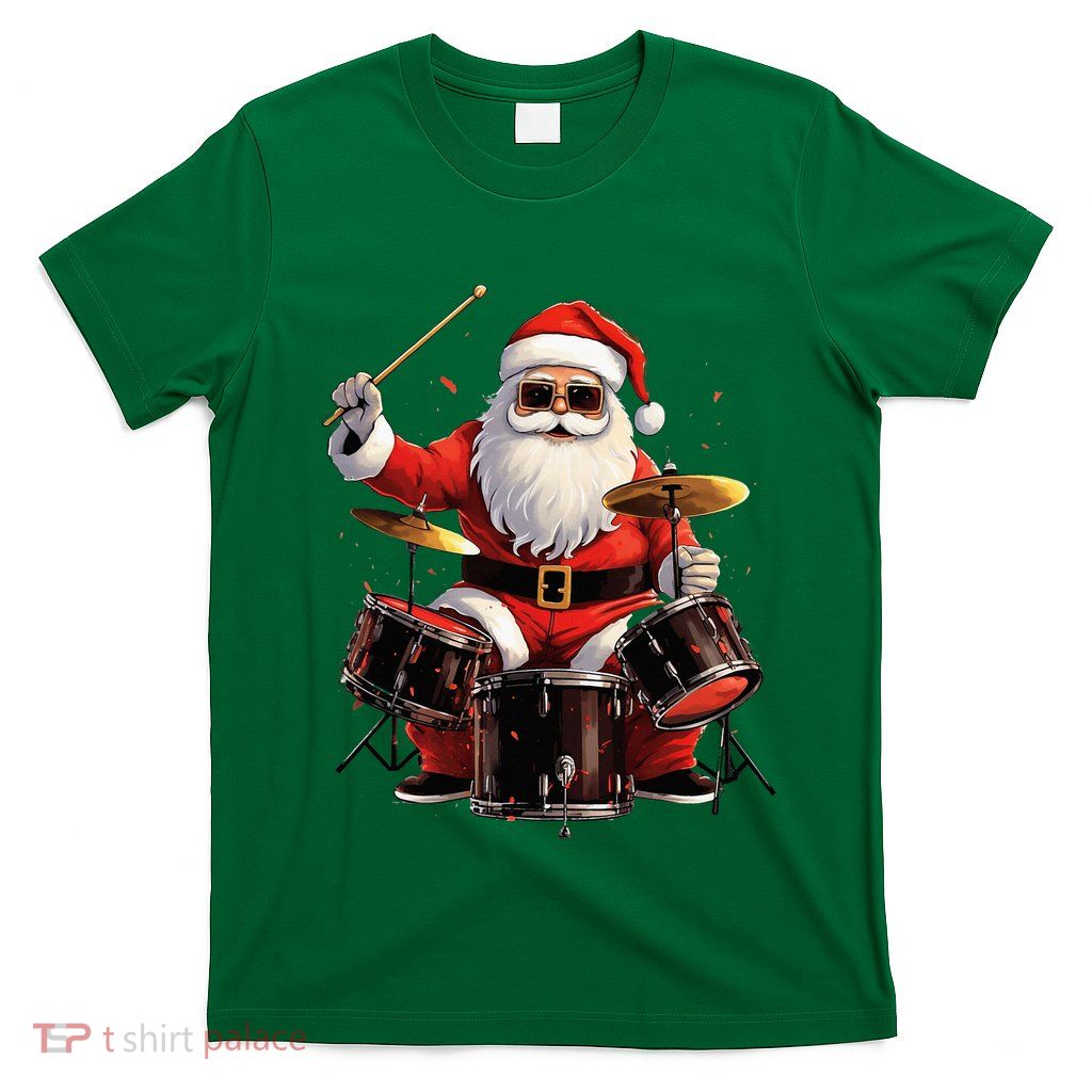Drummer Santa Playing Drums Funny Christmas Drummer Xmas T-Shirt