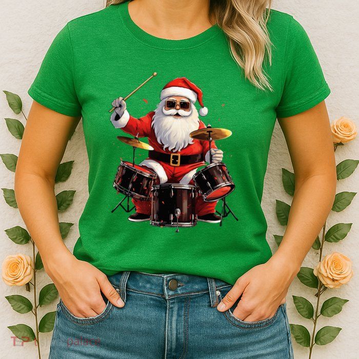Drummer Santa Playing Drums Funny Christmas Drummer Xmas Womens T-Shirt