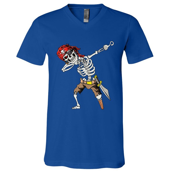 Dabbing Skeleton Pirate Halloween Jolly Roger Pirate V-Neck T-Shirt