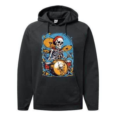 Drummer Skeleton Playing Drums For Halloween Graphic Performance Fleece Hoodie