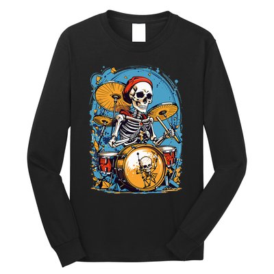 Drummer Skeleton Playing Drums For Halloween Graphic Long Sleeve Shirt