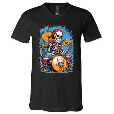 Drummer Skeleton Playing Drums For Halloween Graphic V-Neck T-Shirt