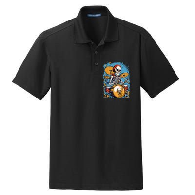 Drummer Skeleton Playing Drums For Halloween Graphic Dry Zone Grid Polo