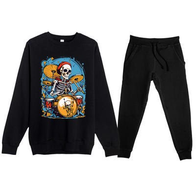 Drummer Skeleton Playing Drums For Halloween Graphic Premium Crewneck Sweatsuit Set