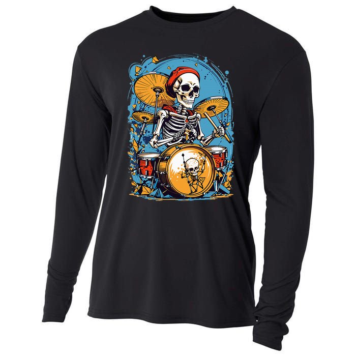 Drummer Skeleton Playing Drums For Halloween Graphic Cooling Performance Long Sleeve Crew