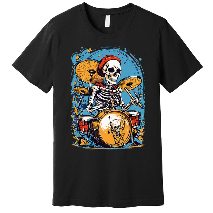 Drummer Skeleton Playing Drums For Halloween Graphic Premium T-Shirt