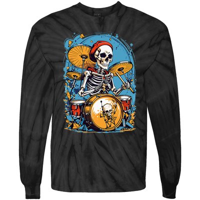 Drummer Skeleton Playing Drums For Halloween Graphic Tie-Dye Long Sleeve Shirt