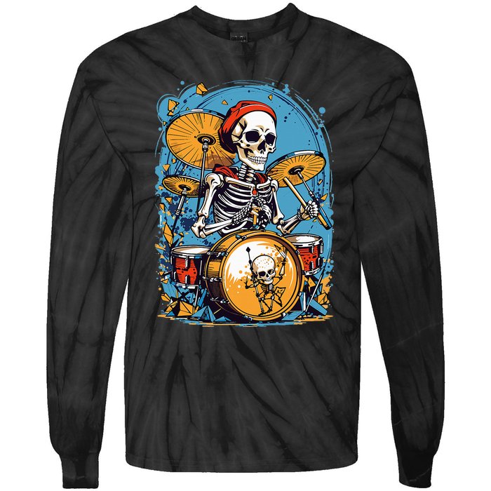 Drummer Skeleton Playing Drums For Halloween Graphic Tie-Dye Long Sleeve Shirt