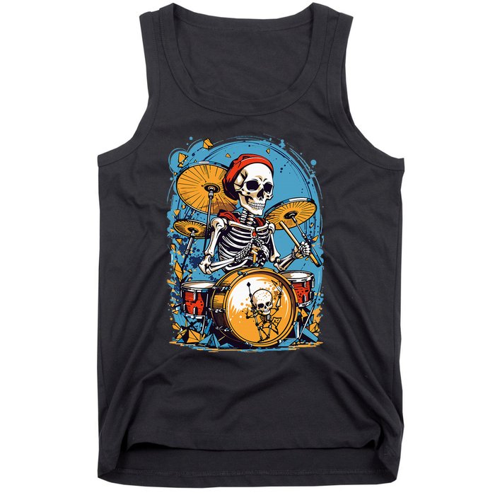 Drummer Skeleton Playing Drums For Halloween Graphic Tank Top