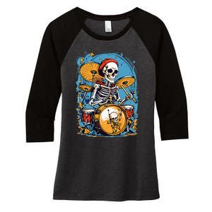 Drummer Skeleton Playing Drums For Halloween Graphic Women's Tri-Blend 3/4-Sleeve Raglan Shirt