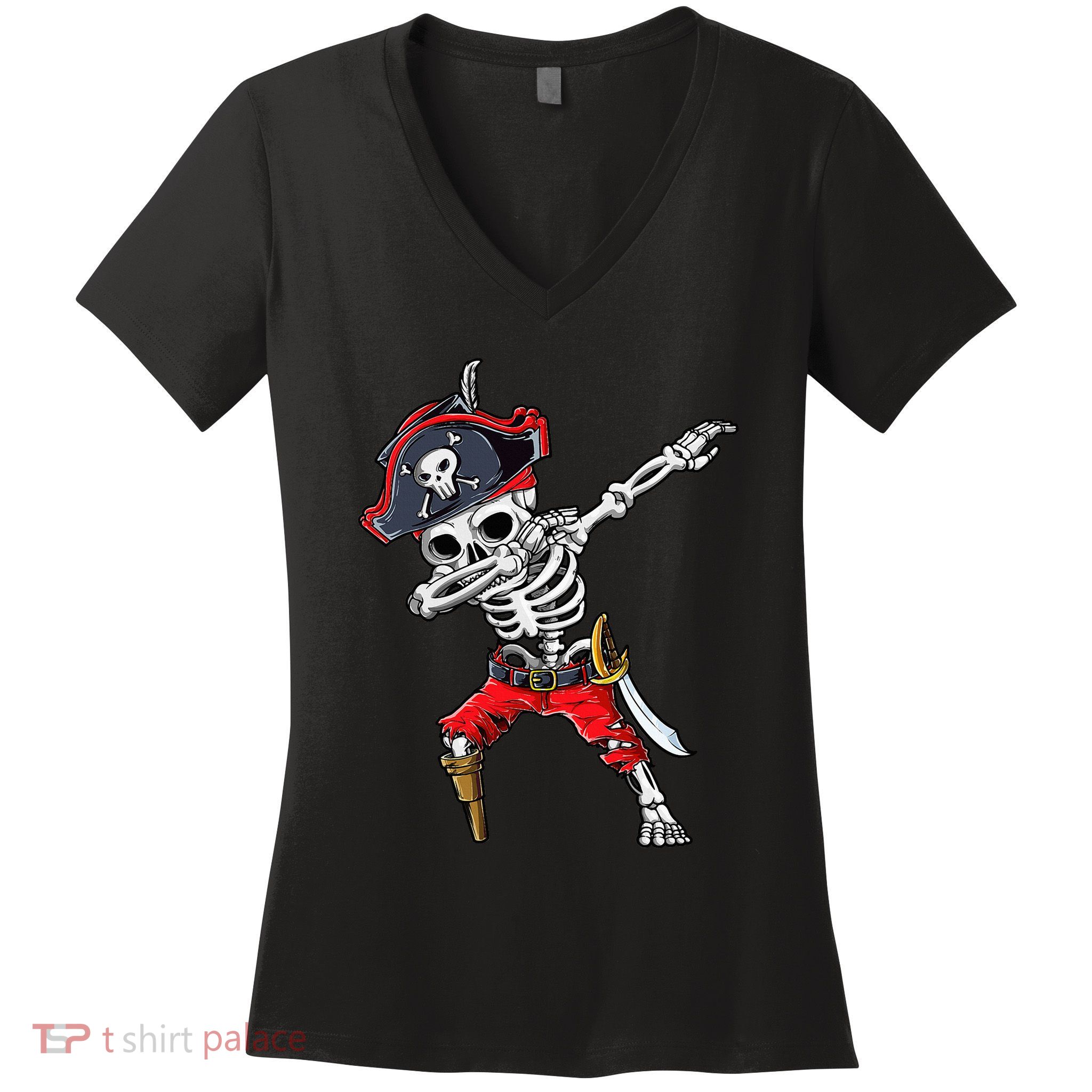 Dabbing Skeleton Pirate Halloween Kids Jolly Roger Women's V-Neck T-Shirt
