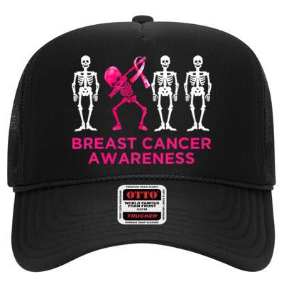 Dabbing Skeleton Pink Ribbon Breast Cancer Halloween High Crown Mesh Back Trucker Hat