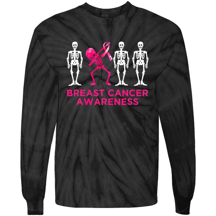 Dabbing Skeleton Pink Ribbon Breast Cancer Halloween Tie-Dye Long Sleeve Shirt