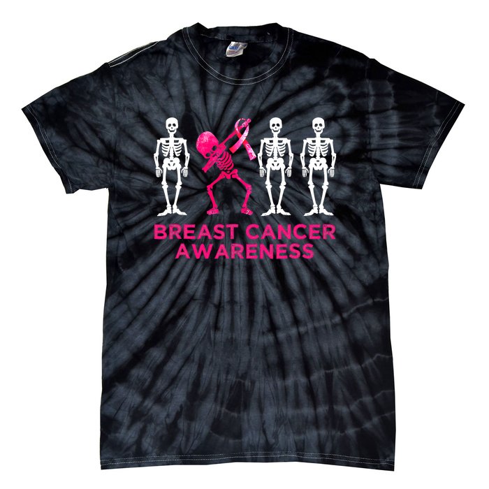 Dabbing Skeleton Pink Ribbon Breast Cancer Halloween Tie-Dye T-Shirt