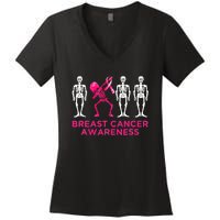 Dabbing Skeleton Pink Ribbon Breast Cancer Halloween Women's V-Neck T-Shirt