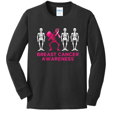 Dabbing Skeleton Pink Ribbon Breast Cancer Halloween Kids Long Sleeve Shirt