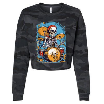 Drummer Skeleton Playing Drums For Halloween Graphic Cropped Pullover Crew