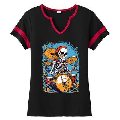 Drummer Skeleton Playing Drums For Halloween Graphic Ladies Halftime Notch Neck Tee