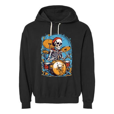 Drummer Skeleton Playing Drums For Halloween Graphic Garment-Dyed Fleece Hoodie