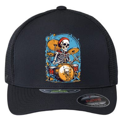 Drummer Skeleton Playing Drums For Halloween Graphic Flexfit Unipanel Trucker Cap