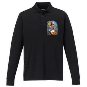 Drummer Skeleton Playing Drums For Halloween Graphic Performance Long Sleeve Polo