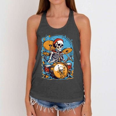 Drummer Skeleton Playing Drums For Halloween Graphic Women's Knotted Racerback Tank