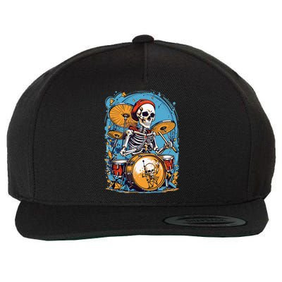 Drummer Skeleton Playing Drums For Halloween Graphic Wool Snapback Cap