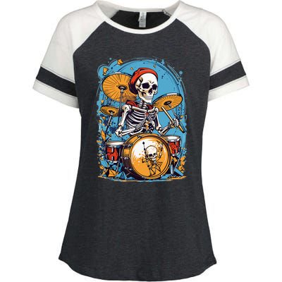 Drummer Skeleton Playing Drums For Halloween Graphic Enza Ladies Jersey Colorblock Tee