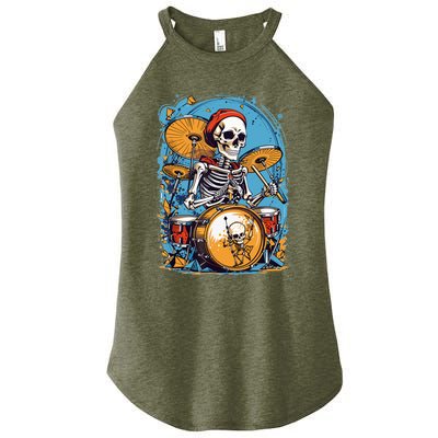 Drummer Skeleton Playing Drums For Halloween Graphic Women's Perfect Tri Rocker Tank