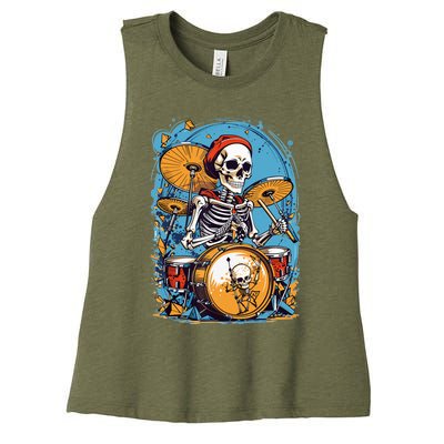 Drummer Skeleton Playing Drums For Halloween Graphic Women's Racerback Cropped Tank