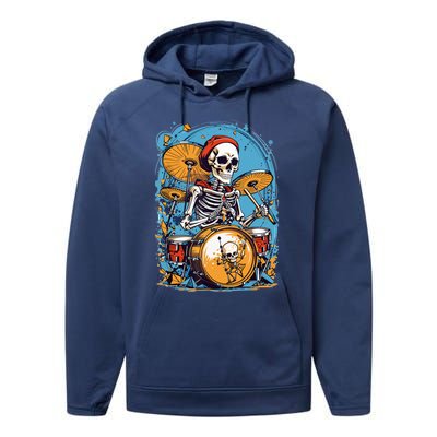 Drummer Skeleton Playing Drums For Halloween Graphic Performance Fleece Hoodie