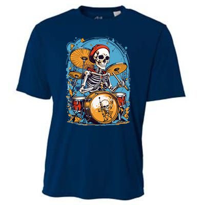 Drummer Skeleton Playing Drums For Halloween Graphic Cooling Performance Crew T-Shirt