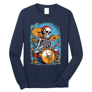 Drummer Skeleton Playing Drums For Halloween Graphic Long Sleeve Shirt