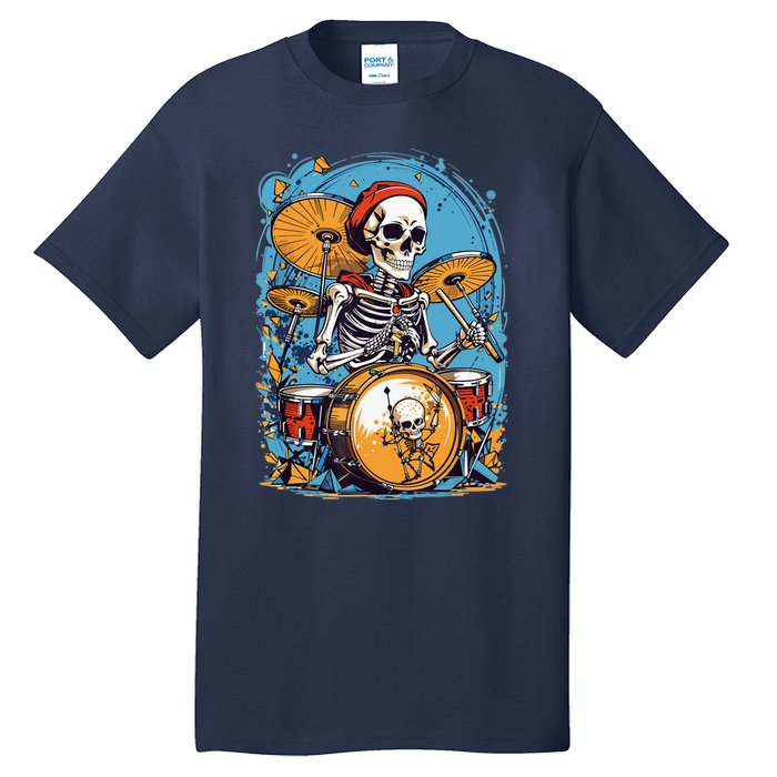 Drummer Skeleton Playing Drums For Halloween Graphic Tall T-Shirt