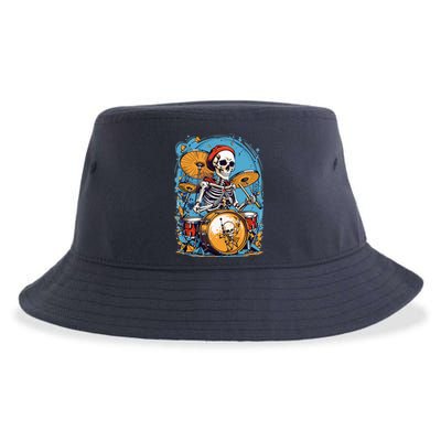 Drummer Skeleton Playing Drums For Halloween Graphic Sustainable Bucket Hat