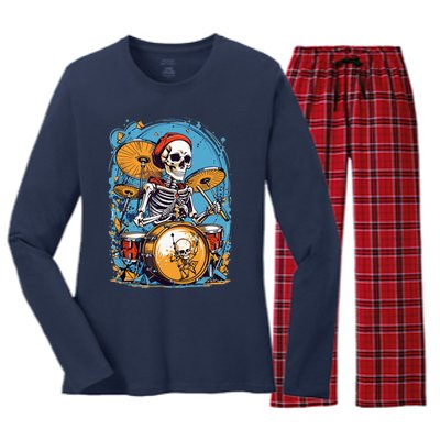 Drummer Skeleton Playing Drums For Halloween Graphic Women's Long Sleeve Flannel Pajama Set 