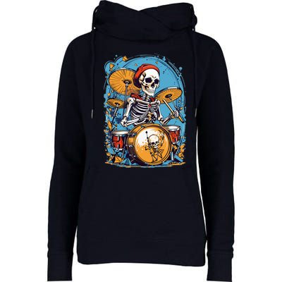 Drummer Skeleton Playing Drums For Halloween Graphic Womens Funnel Neck Pullover Hood